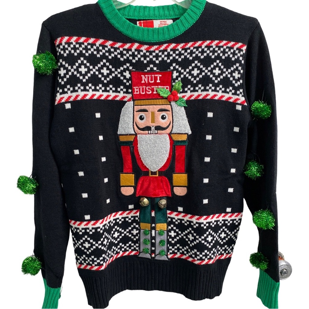 Spencer’s Unisex Black Green Crewneck Nut Buster Christmas Sweater Size Medium